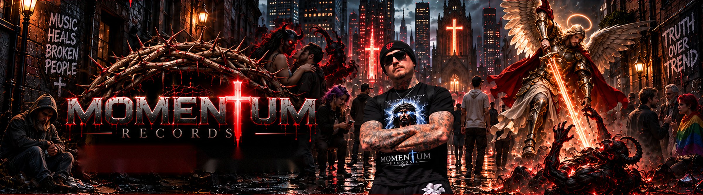 Momentum Records — crown of thorns logo over a rain-soaked city with the artist standing centre, an archangel with a flaming sword to the right